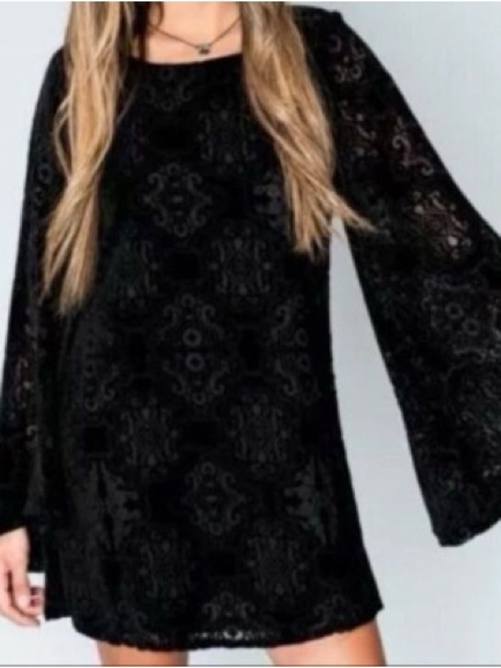 Mumu (S) Black Silk Velvet Geometric Burnout Long Bell Sleeve Tunic / Mini